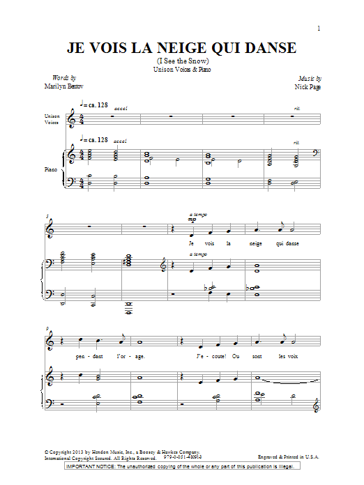 Nick Page Je Vois La Neige Qui Danse Sheet Music Notes & Chords for Unison Choral - Download or Print PDF