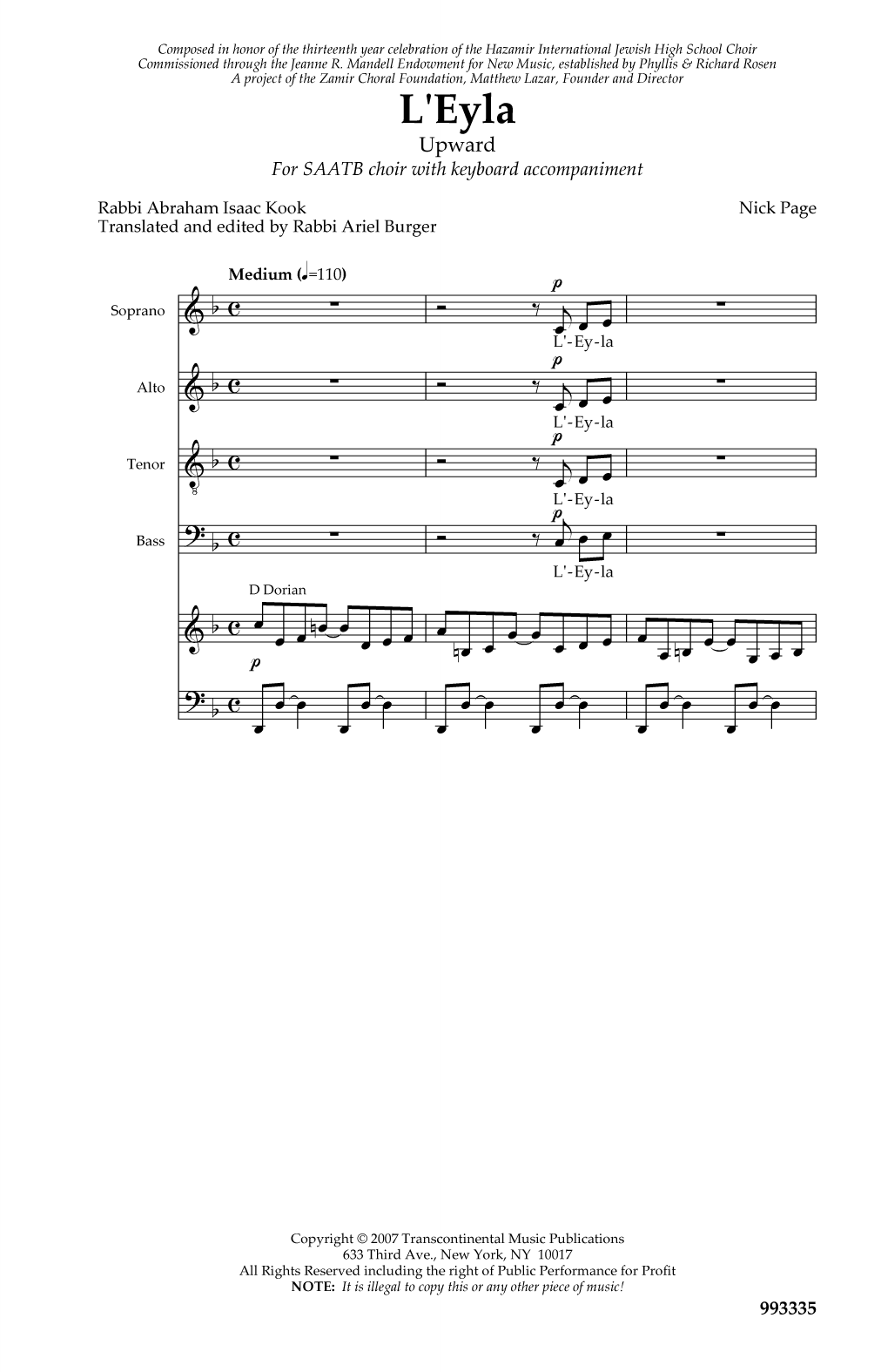 Nick Page L'eyla L'eila Ssatb/keyboard Sheet Music Notes & Chords for SATB - Download or Print PDF