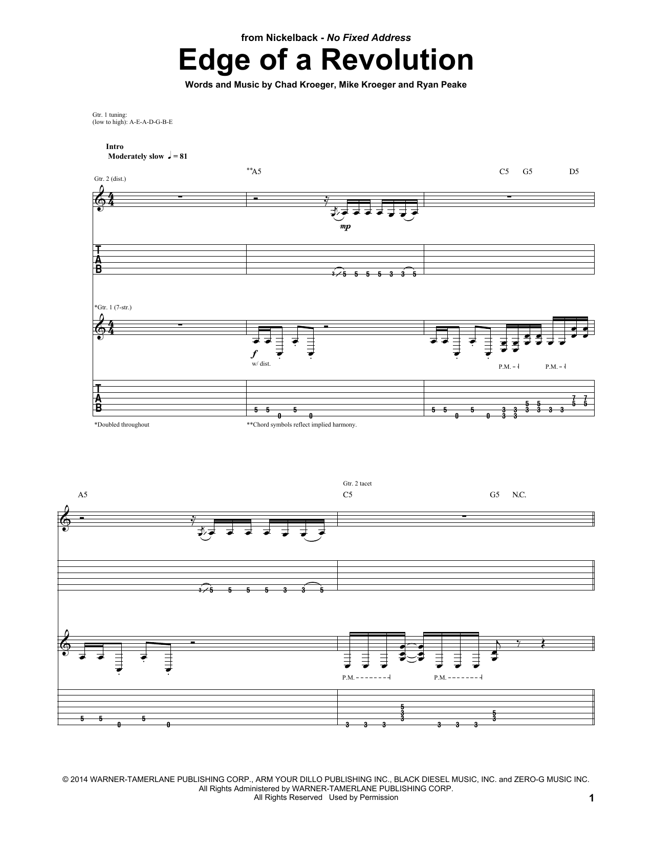 Nickelback Edge Of A Revolution Sheet Music Notes & Chords for Guitar Tab - Download or Print PDF