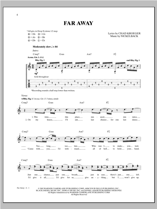 Nickelback Far Away Sheet Music Notes & Chords for Guitar Tab - Download or Print PDF