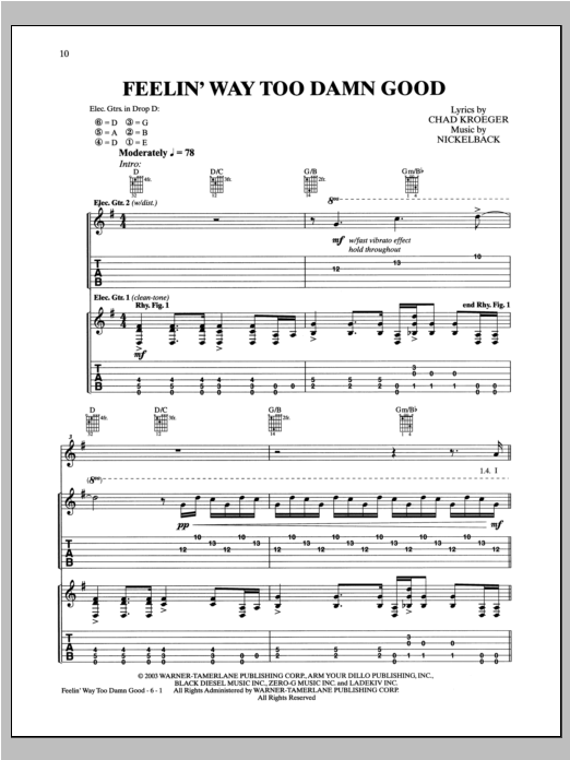 Nickelback Feelin' Way Too Damn Good Sheet Music Notes & Chords for Guitar Tab - Download or Print PDF