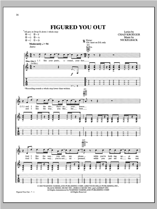 Nickelback Figured You Out Sheet Music Notes & Chords for Guitar Tab - Download or Print PDF