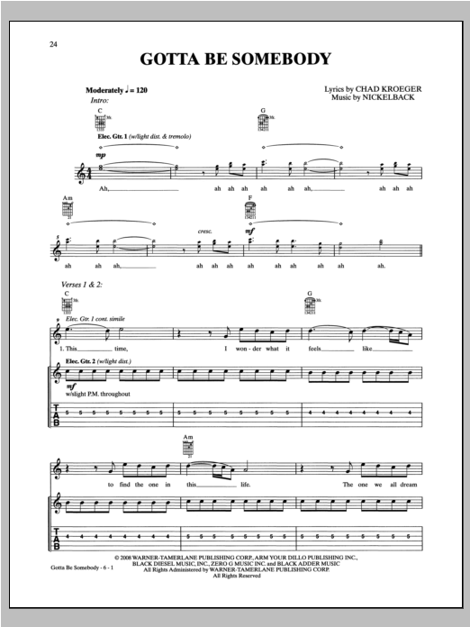 Nickelback Gotta Be Somebody Sheet Music Notes & Chords for Guitar Tab - Download or Print PDF