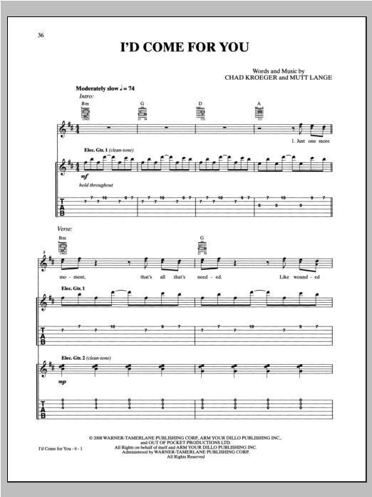 Nickelback I'd Come For You Sheet Music Notes & Chords for Guitar Tab - Download or Print PDF