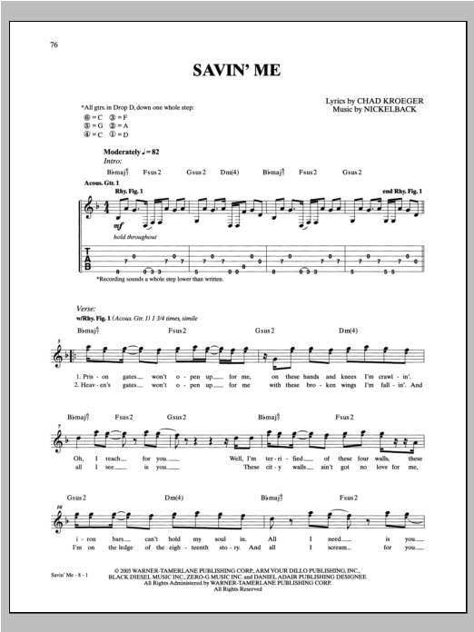 Nickelback Savin' Me Sheet Music Notes & Chords for Guitar Tab - Download or Print PDF