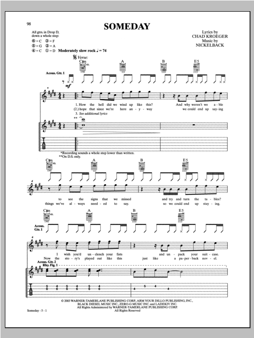 Nickelback Someday Sheet Music Notes & Chords for Guitar Tab - Download or Print PDF