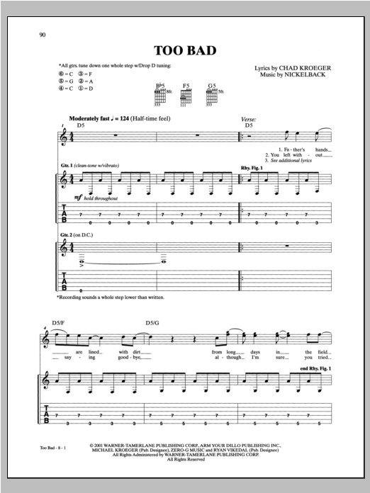 Nickelback Too Bad Sheet Music Notes & Chords for Guitar Tab - Download or Print PDF