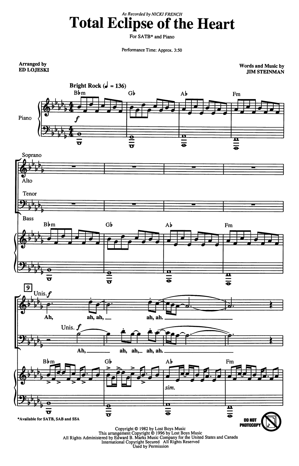 Nicki French Total Eclipse Of The Heart (arr. Ed Lojeski) Sheet Music Notes & Chords for SAB Choir - Download or Print PDF