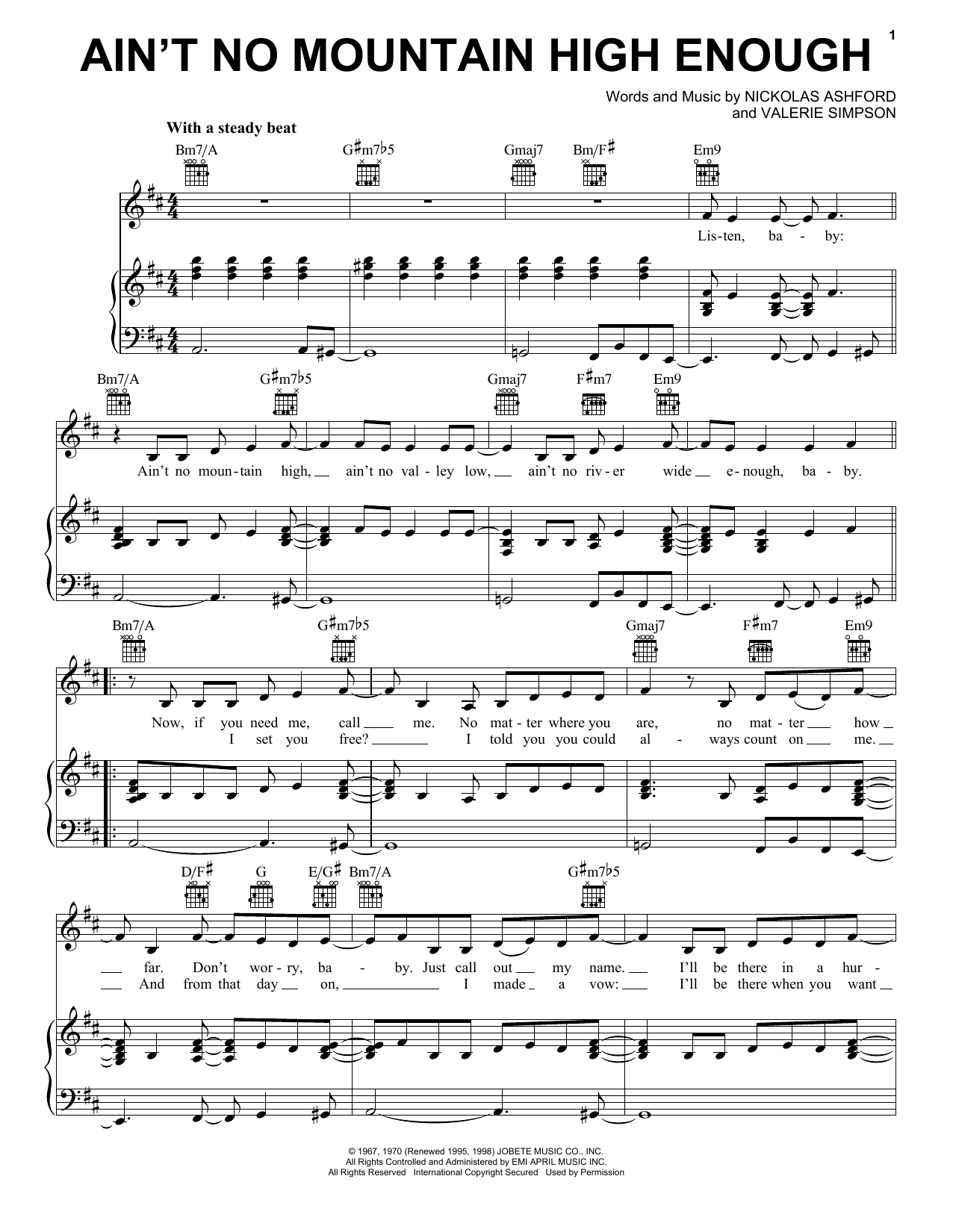 Nickolas Ashford Ain't No Mountain High Enough Sheet Music Notes & Chords for Piano, Vocal & Guitar (Right-Hand Melody) - Download or Print PDF