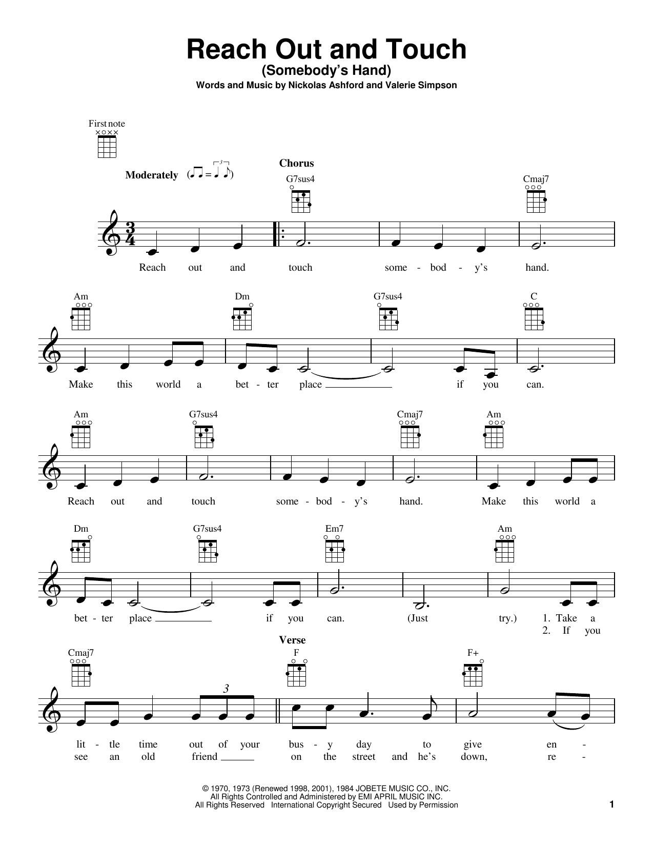 Nickolas Ashford Reach Out And Touch (Somebody's Hand) Sheet Music Notes & Chords for Ukulele - Download or Print PDF
