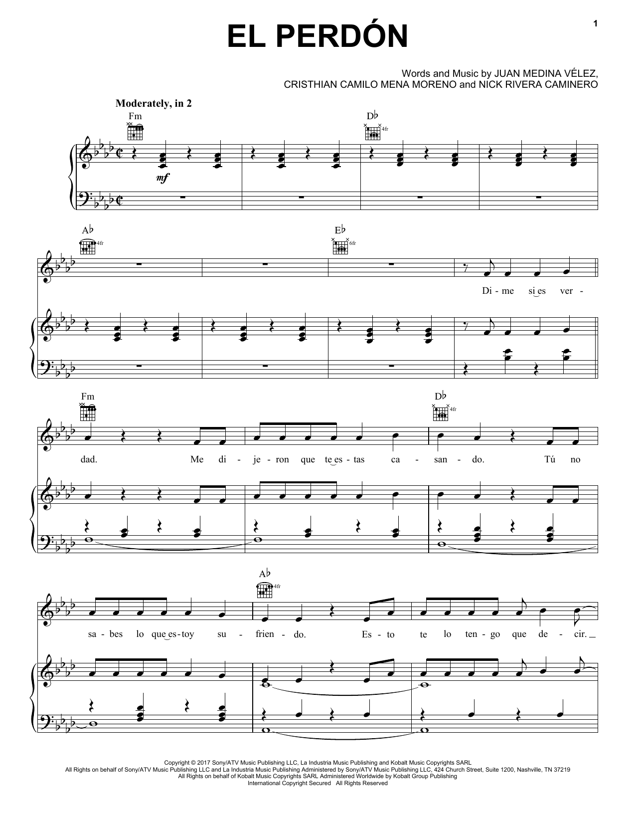 Nicky Jam El Perdon (Feat. Inrique Ignlesias) Sheet Music Notes & Chords for Piano, Vocal & Guitar (Right-Hand Melody) - Download or Print PDF