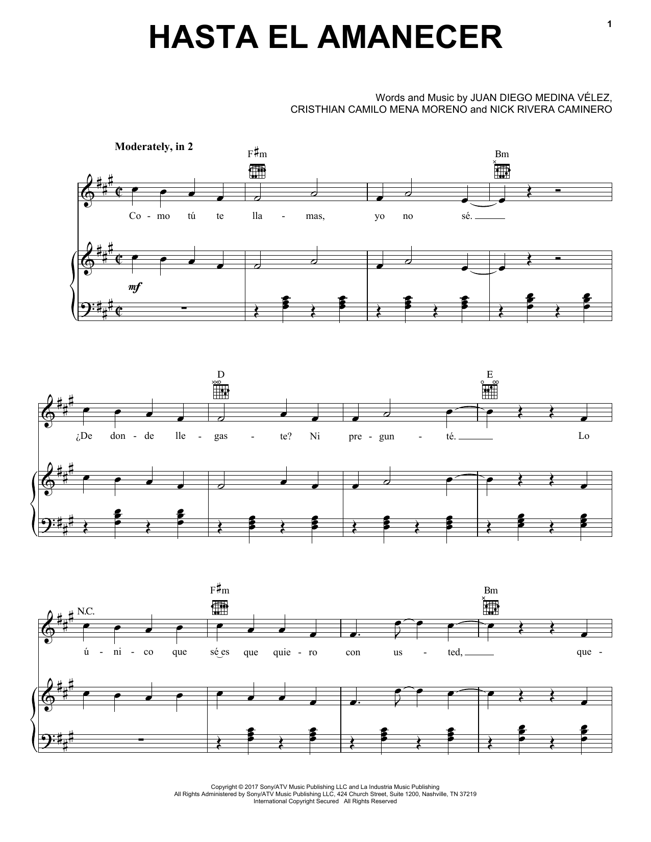 Nicky Jam Hasta El Amanecer Sheet Music Notes & Chords for Piano, Vocal & Guitar (Right-Hand Melody) - Download or Print PDF