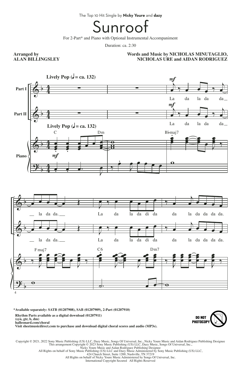 Nicky Youre & dazy Sunroof (arr. Alan Billingsley) Sheet Music Notes & Chords for 2-Part Choir - Download or Print PDF