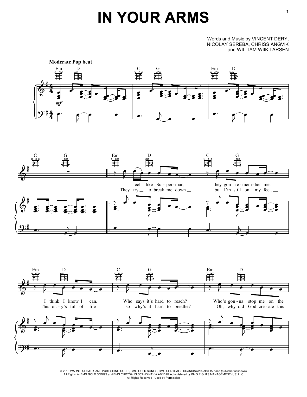 Nico & Vinz In Your Arms Sheet Music Notes & Chords for Piano, Vocal & Guitar (Right-Hand Melody) - Download or Print PDF