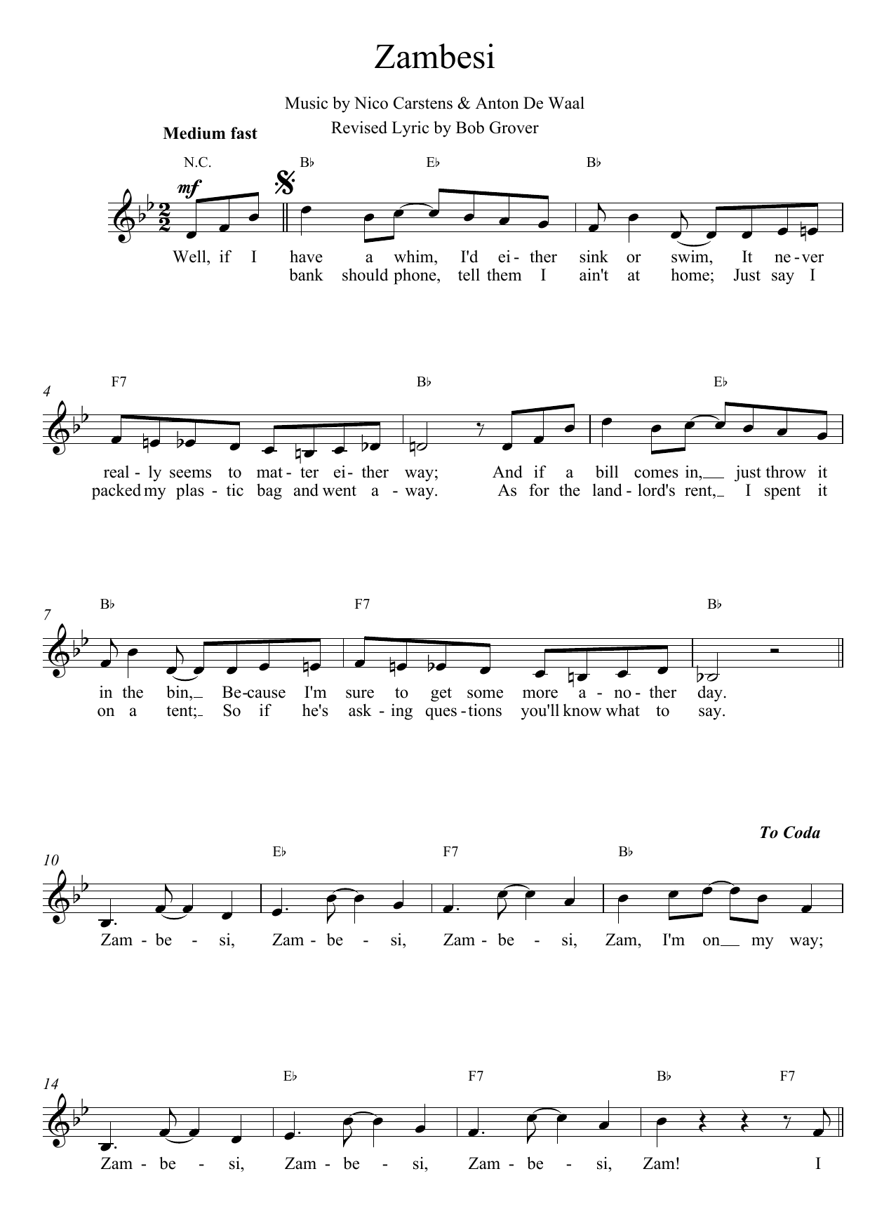 Nico Carstens Zambesi Sheet Music Notes & Chords for Melody Line, Lyrics & Chords - Download or Print PDF