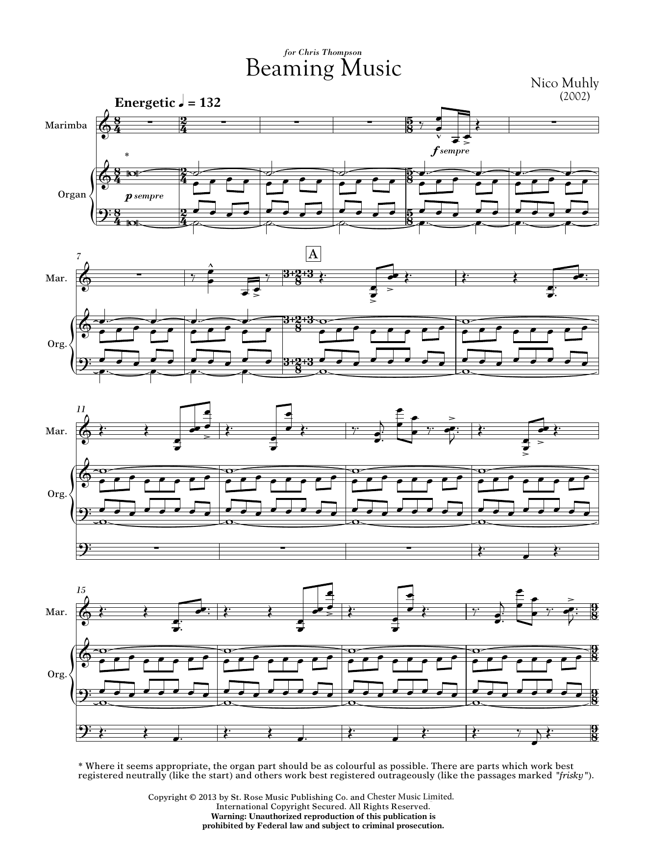 Nico Muhly Beaming Music (for Marimba and Organ) Sheet Music Notes & Chords for Marimba - Download or Print PDF