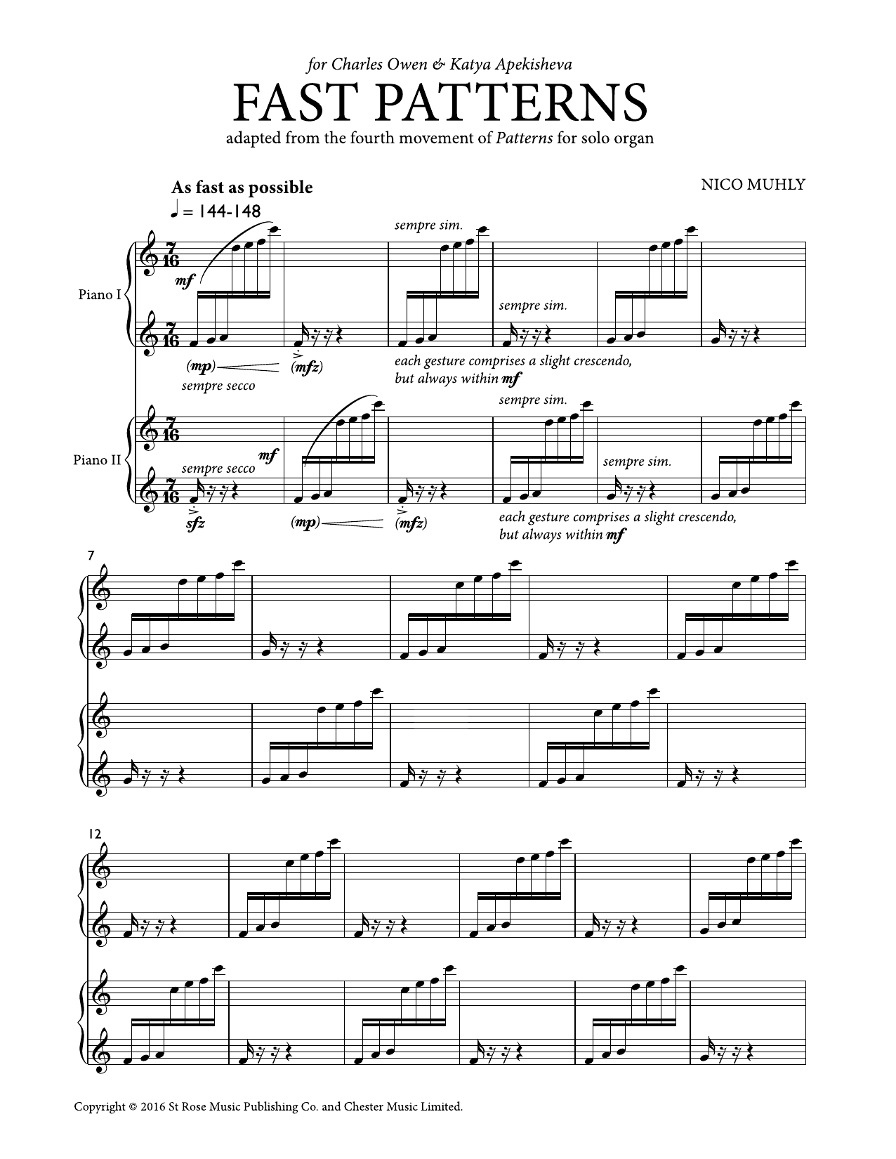 Nico Muhly Fast Patterns Sheet Music Notes & Chords for Piano Duet - Download or Print PDF