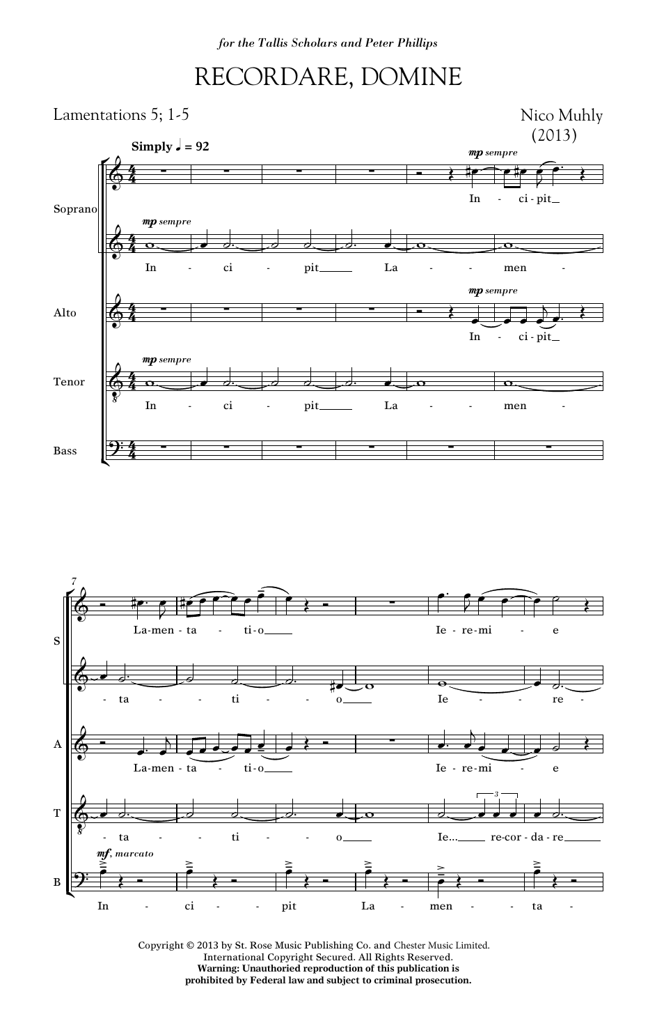 Nico Muhly Recordare, Domine Sheet Music Notes & Chords for SATB Choir - Download or Print PDF