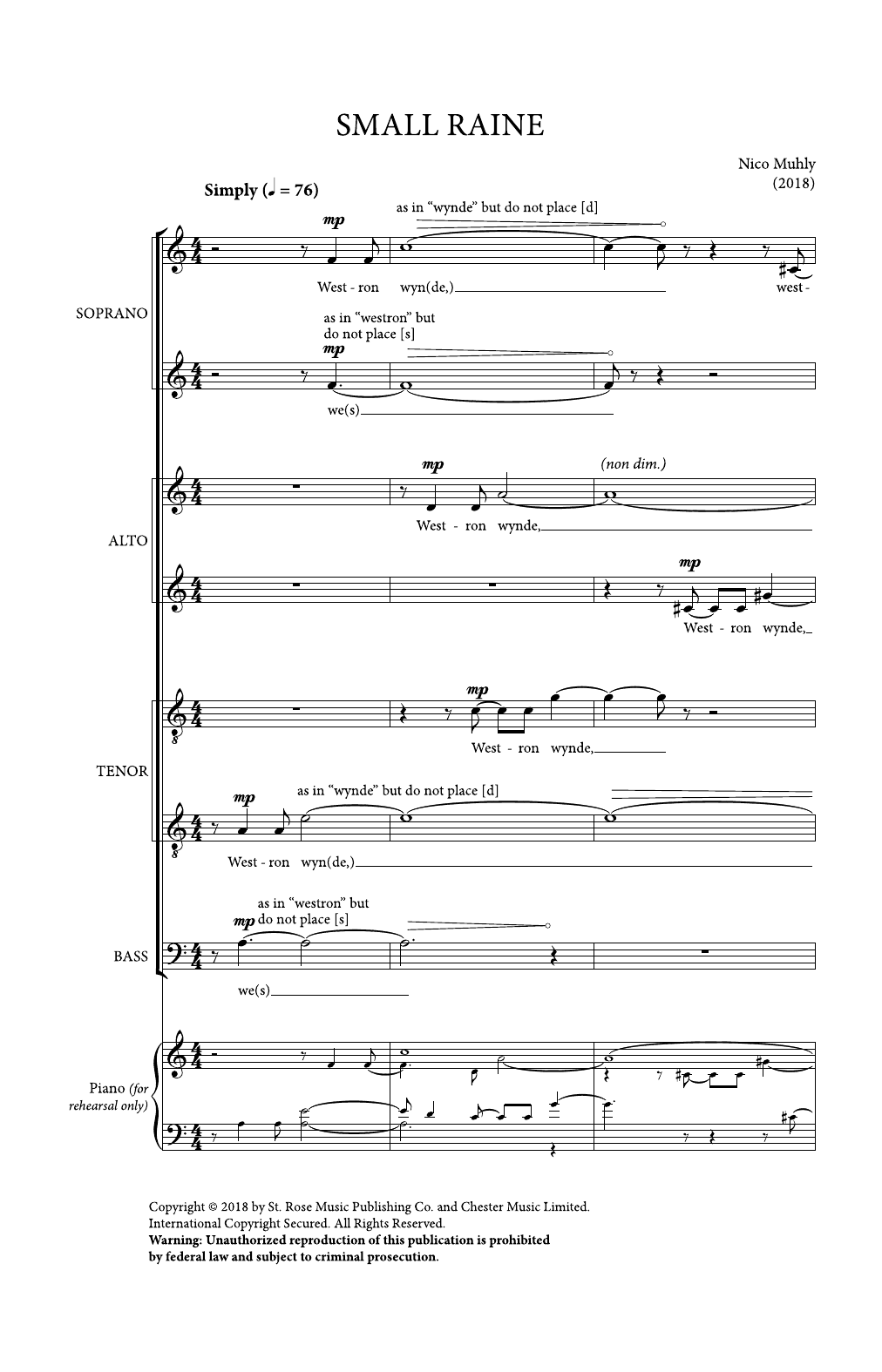 Nico Muhly Small Raine Sheet Music Notes & Chords for SATB Choir - Download or Print PDF