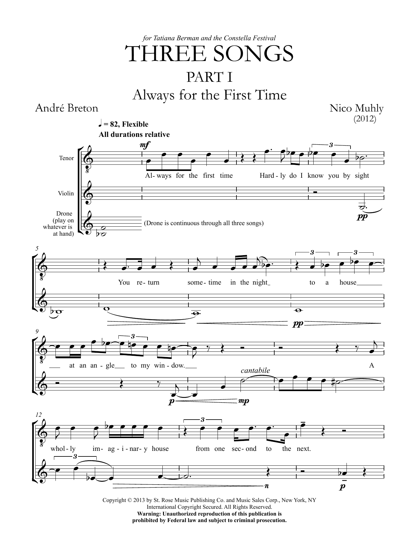 Nico Muhly Three Songs for Tenor, Violin and Drone Sheet Music Notes & Chords for Tenor - Download or Print PDF