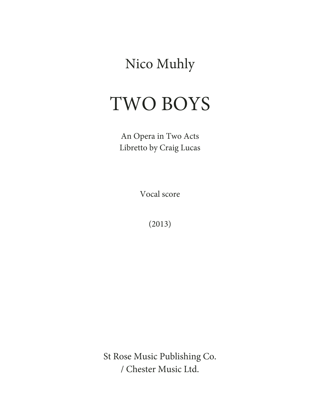 Nico Muhly Two Boys Sheet Music Notes & Chords for Piano & Vocal - Download or Print PDF