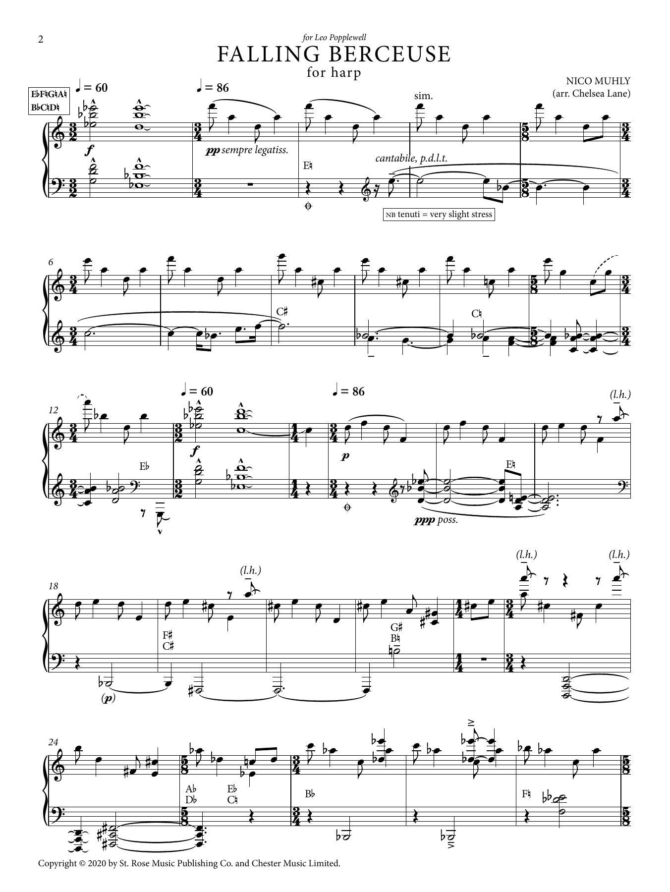 Nico Muly Falling Berceuse And Falling Pairs (Harp version) (arr. Chelsea Lane) Sheet Music Notes & Chords for Harp - Download or Print PDF