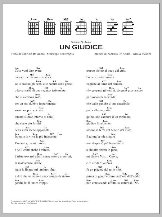 Nicola Piovani Un Giudice Sheet Music Notes & Chords for Piano, Vocal & Guitar (Right-Hand Melody) - Download or Print PDF