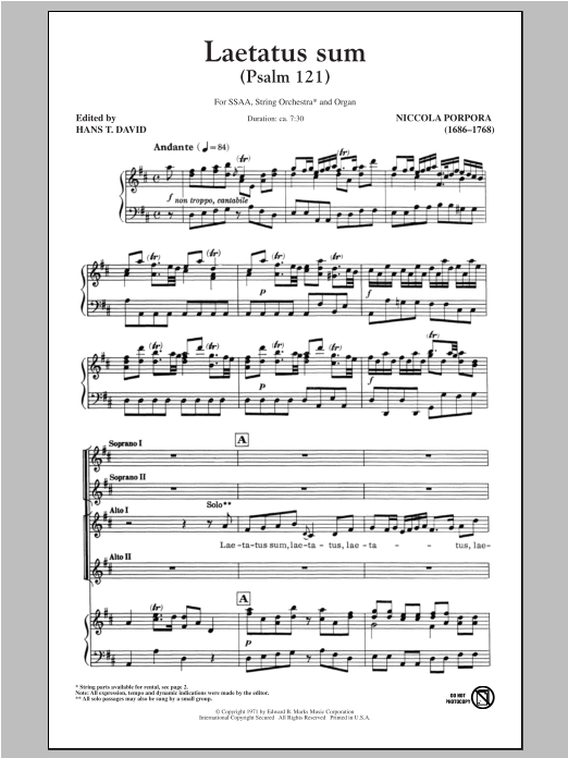 Nicola Porpora Laetatus Sum (Psalm 121) Sheet Music Notes & Chords for SSA - Download or Print PDF