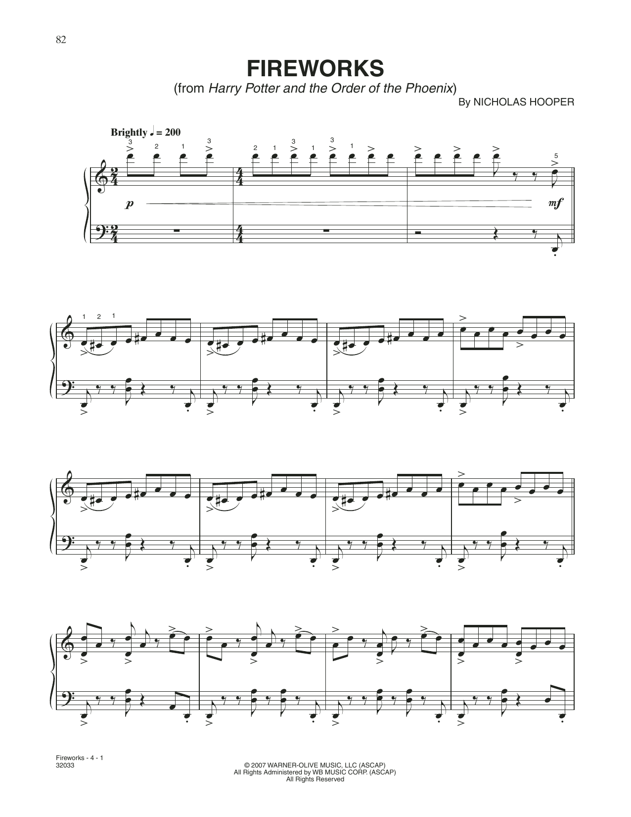 Nicolas Hooper Fireworks (from Harry Potter And The Order Of The Phoenix) Sheet Music Notes & Chords for Piano Solo - Download or Print PDF