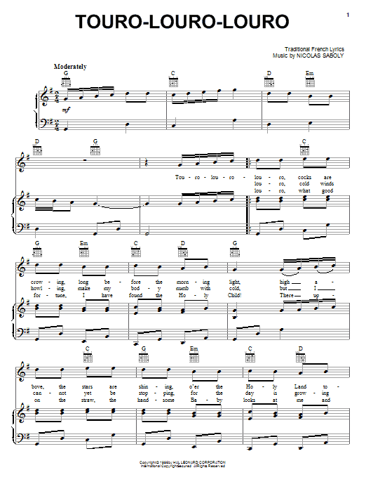 Nicolas Saboly Touro-Louro-Louro Sheet Music Notes & Chords for Piano, Vocal & Guitar (Right-Hand Melody) - Download or Print PDF