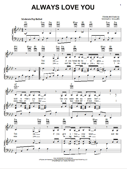 Nicole C. Mullen Always Love You Sheet Music Notes & Chords for Piano, Vocal & Guitar (Right-Hand Melody) - Download or Print PDF