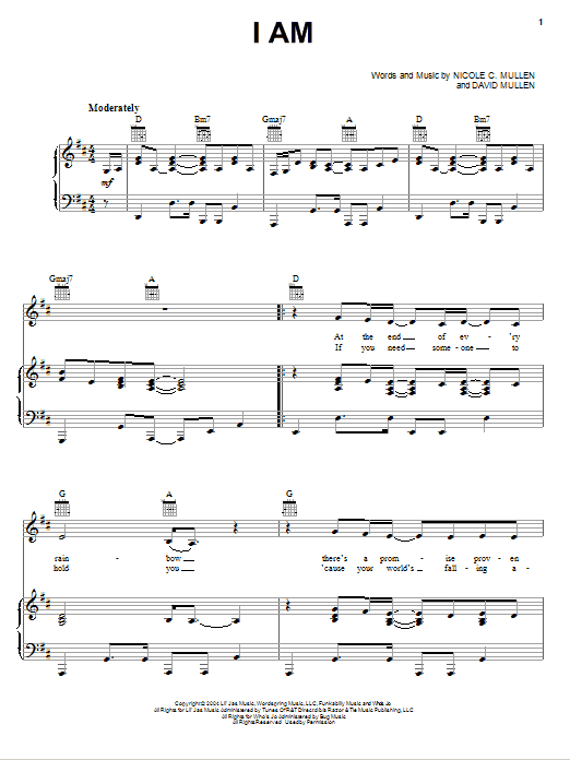 Nicole C. Mullen I Am Sheet Music Notes & Chords for Piano, Vocal & Guitar (Right-Hand Melody) - Download or Print PDF