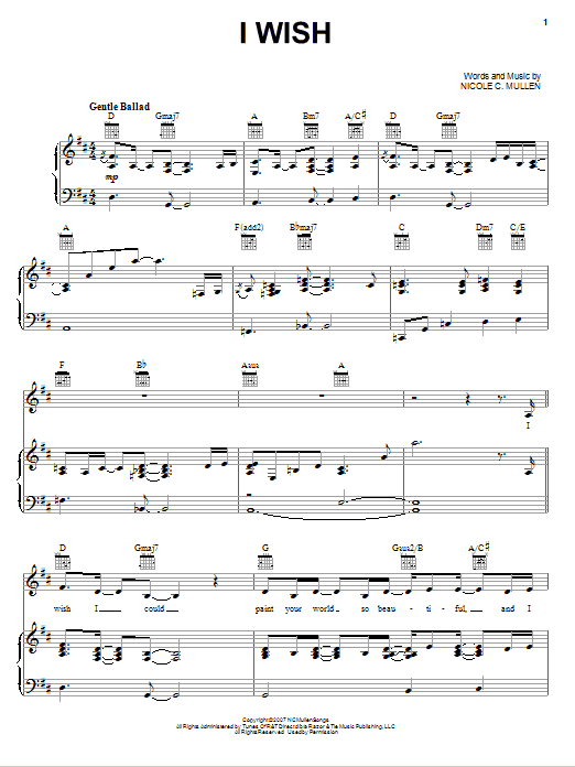 Nicole C. Mullen I Wish Sheet Music Notes & Chords for Piano, Vocal & Guitar (Right-Hand Melody) - Download or Print PDF