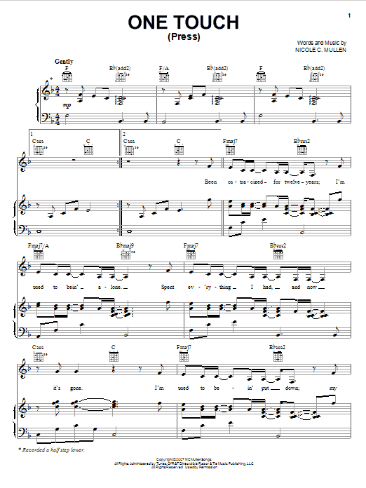 Nicole C. Mullen One Touch (Press) Sheet Music Notes & Chords for Piano, Vocal & Guitar (Right-Hand Melody) - Download or Print PDF