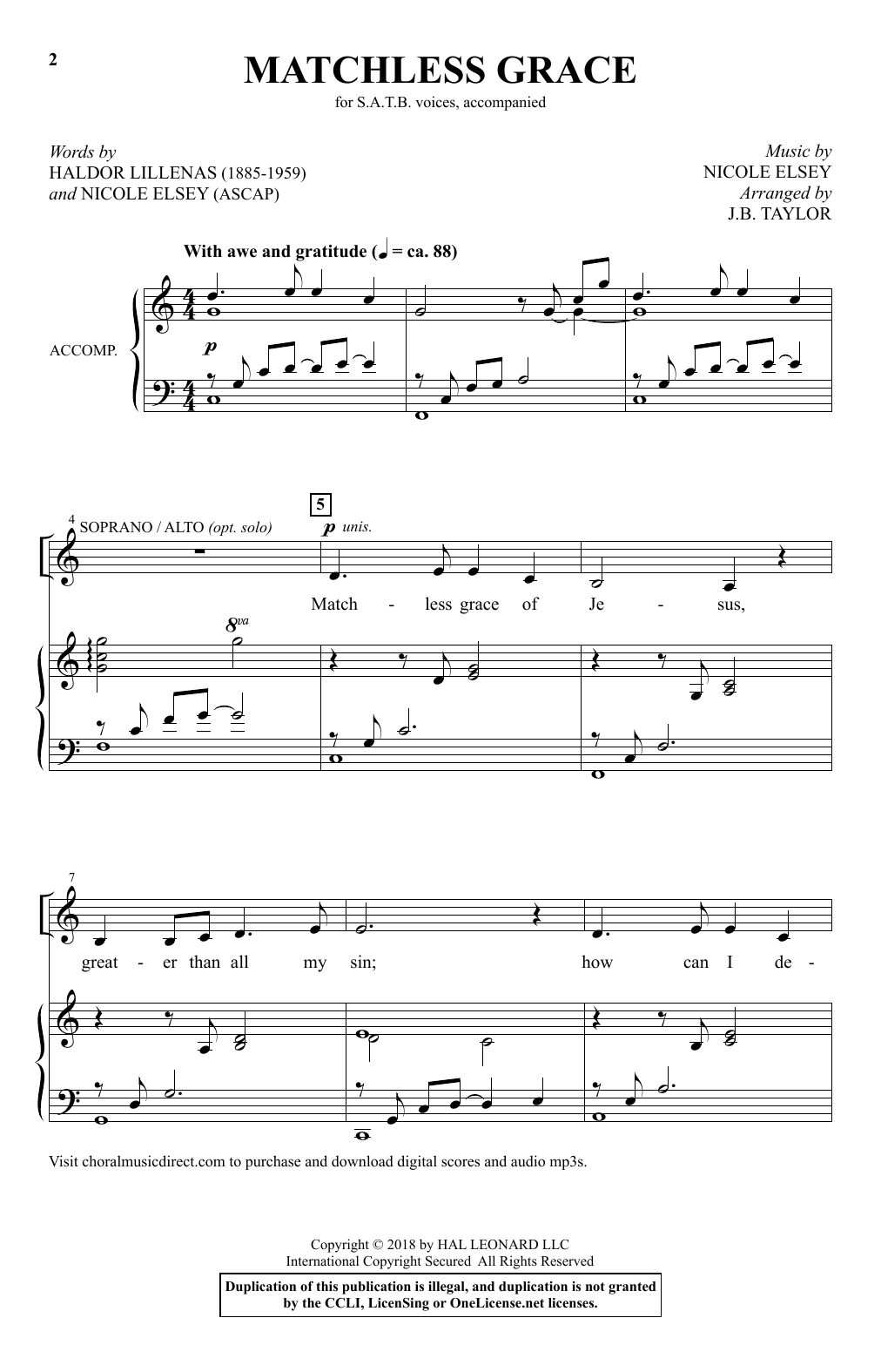 Nicole Elsey Matchless Grace (arr. J.B. Taylor) Sheet Music Notes & Chords for SATB Choir - Download or Print PDF