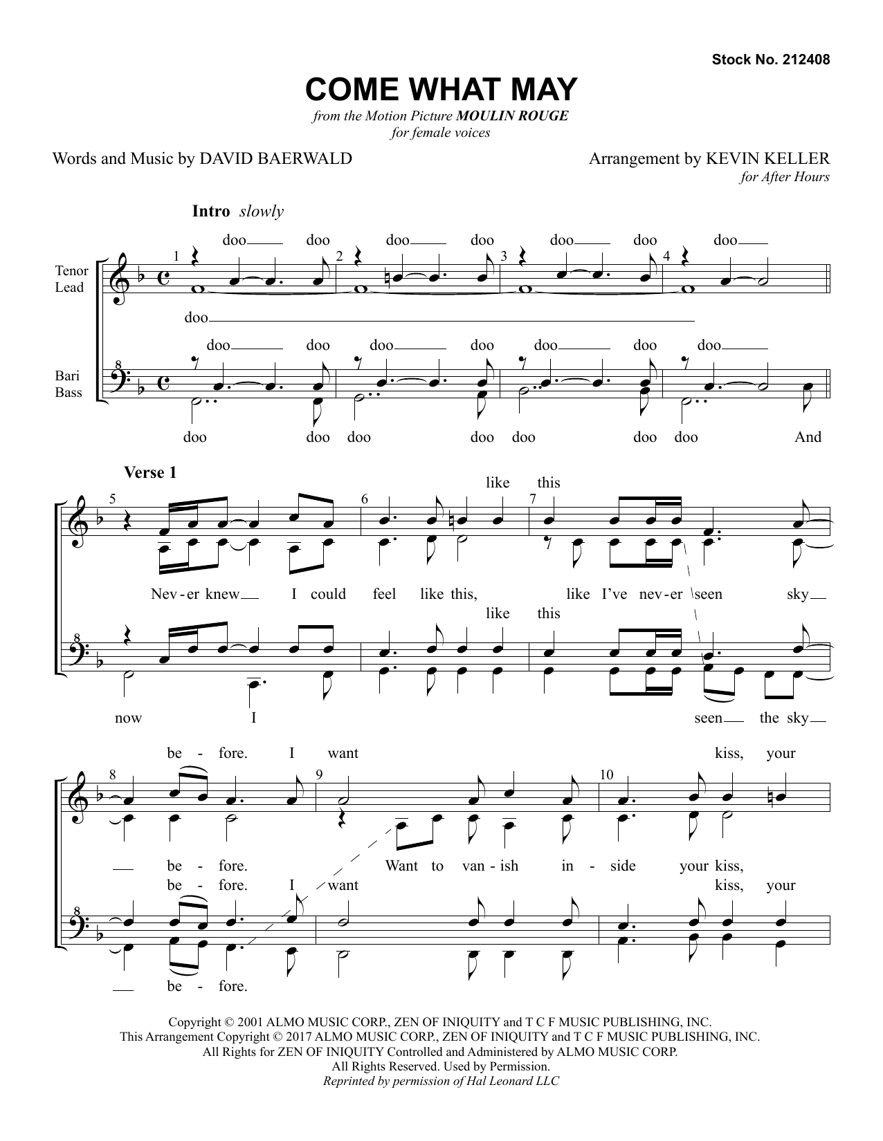 Nicole Kidman & Ewan McGregor Come What May (from Moulin Rouge) (arr. Kevin Keller) Sheet Music Notes & Chords for SSAA Choir - Download or Print PDF