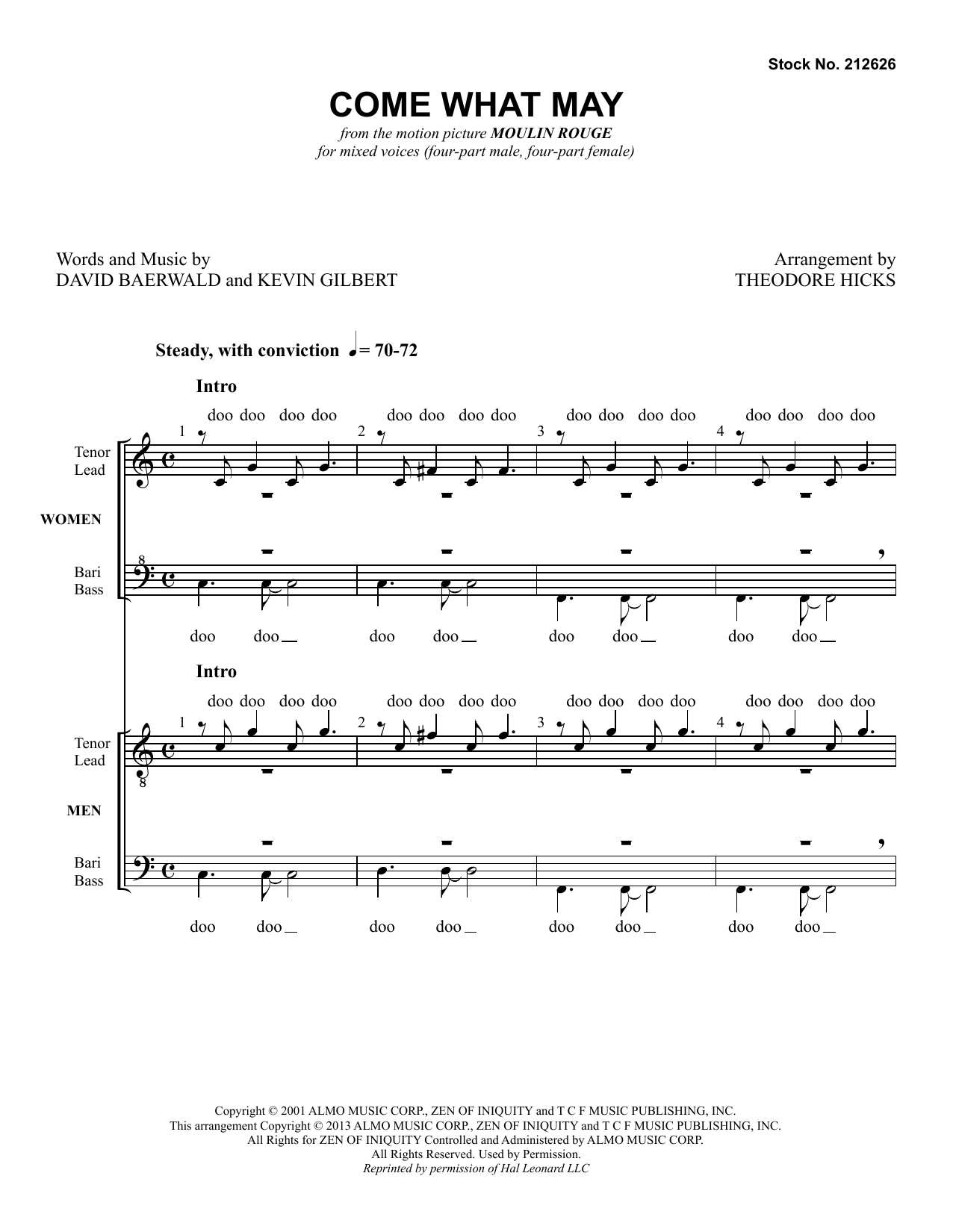 Nicole Kidman and Ewan McGregor Come What May (from Moulin Rouge) (arr. Theodore Hicks) Sheet Music Notes & Chords for Choral SSAATTBB - Download or Print PDF
