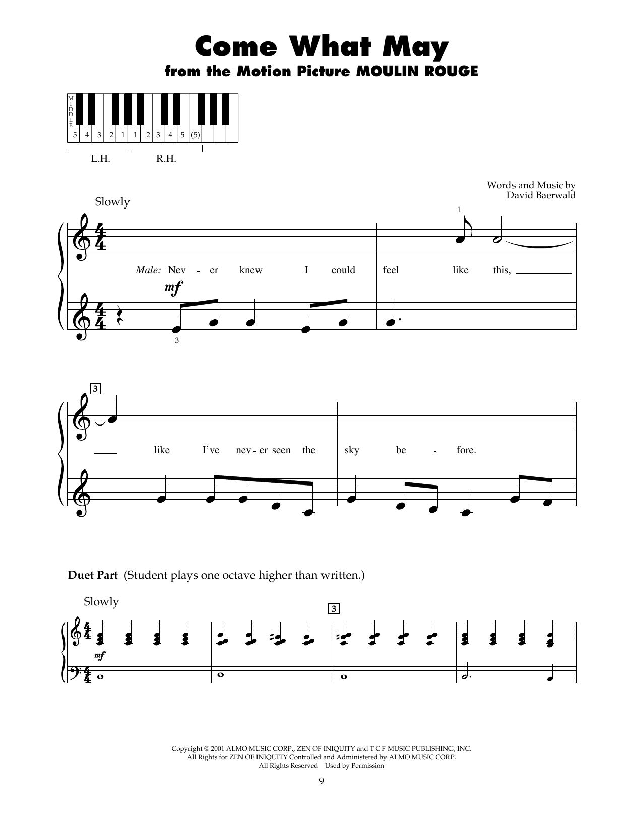 Nicole Kidman and Ewan McGregor Come What May (from Moulin Rouge) Sheet Music Notes & Chords for 5-Finger Piano - Download or Print PDF