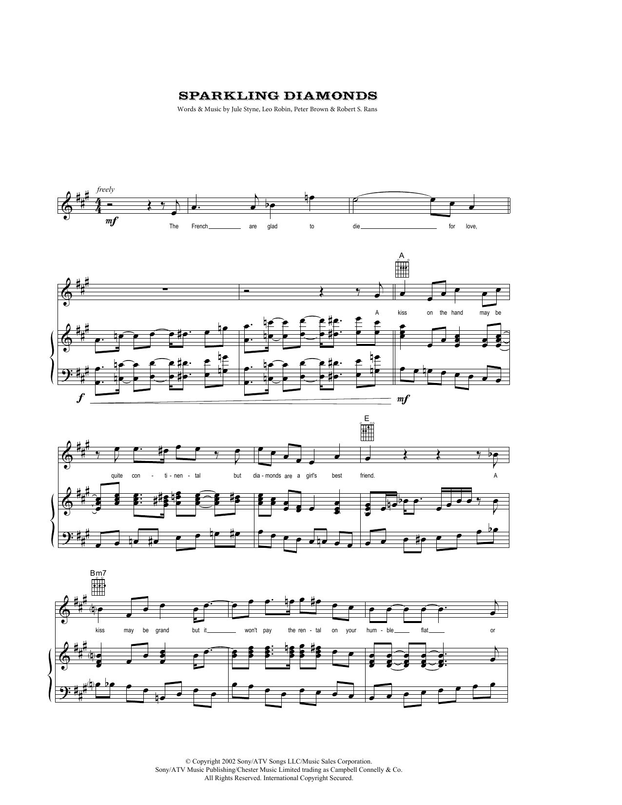 Nicole Kidman Sparkling Diamonds (from Moulin Rouge) Sheet Music Notes & Chords for Piano, Vocal & Guitar (Right-Hand Melody) - Download or Print PDF