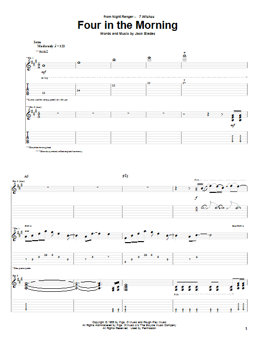 Night Ranger Four In The Morning Sheet Music Notes & Chords for Piano, Vocal & Guitar Chords (Right-Hand Melody) - Download or Print PDF
