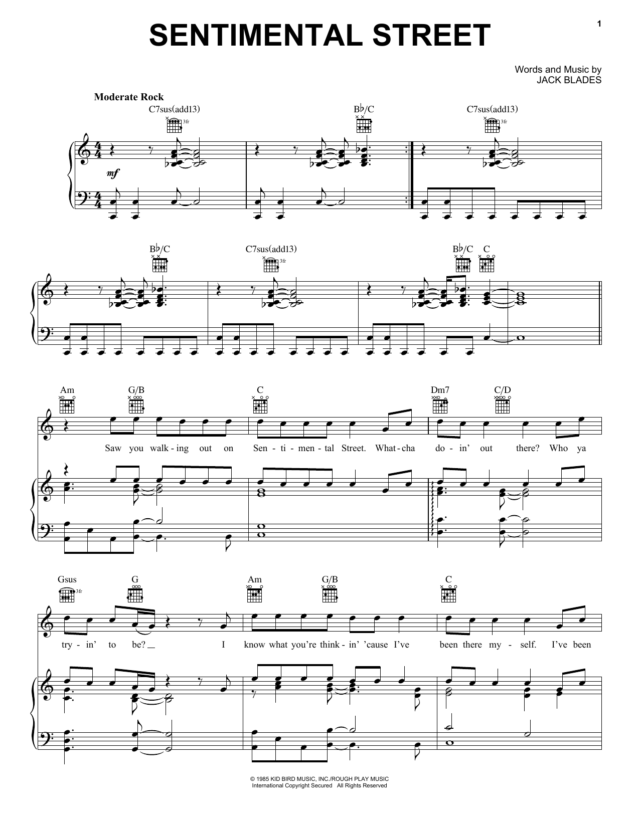 Night Ranger Sentimental Street Sheet Music Notes & Chords for Piano, Vocal & Guitar Chords (Right-Hand Melody) - Download or Print PDF