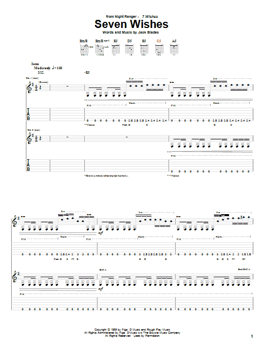 Night Ranger Seven Wishes Sheet Music Notes & Chords for Guitar Tab - Download or Print PDF