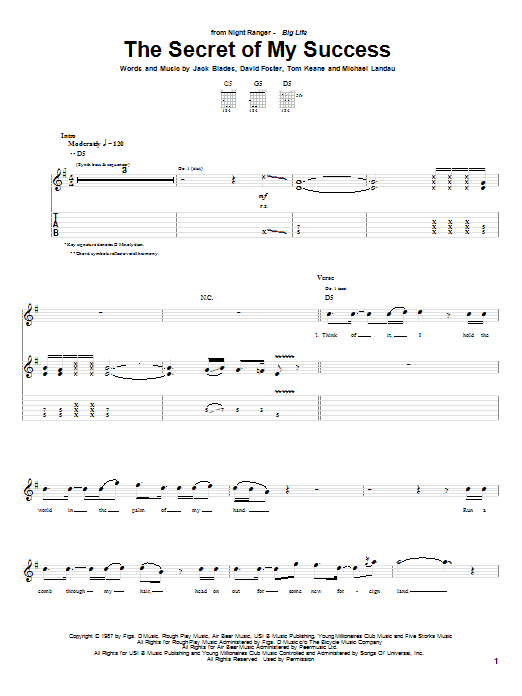 Night Ranger The Secret Of My Success Sheet Music Notes & Chords for Guitar Tab - Download or Print PDF