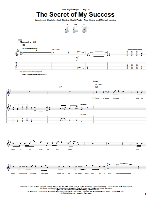 Night Ranger The Secret Of My Success sheet music notes and chords. Download Printable PDF.