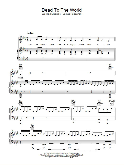 Nightwish Dead To The World Sheet Music Notes & Chords for Piano, Vocal & Guitar (Right-Hand Melody) - Download or Print PDF