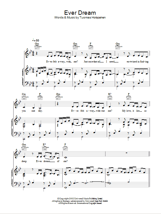 Nightwish Ever Dream Sheet Music Notes & Chords for Piano, Vocal & Guitar (Right-Hand Melody) - Download or Print PDF