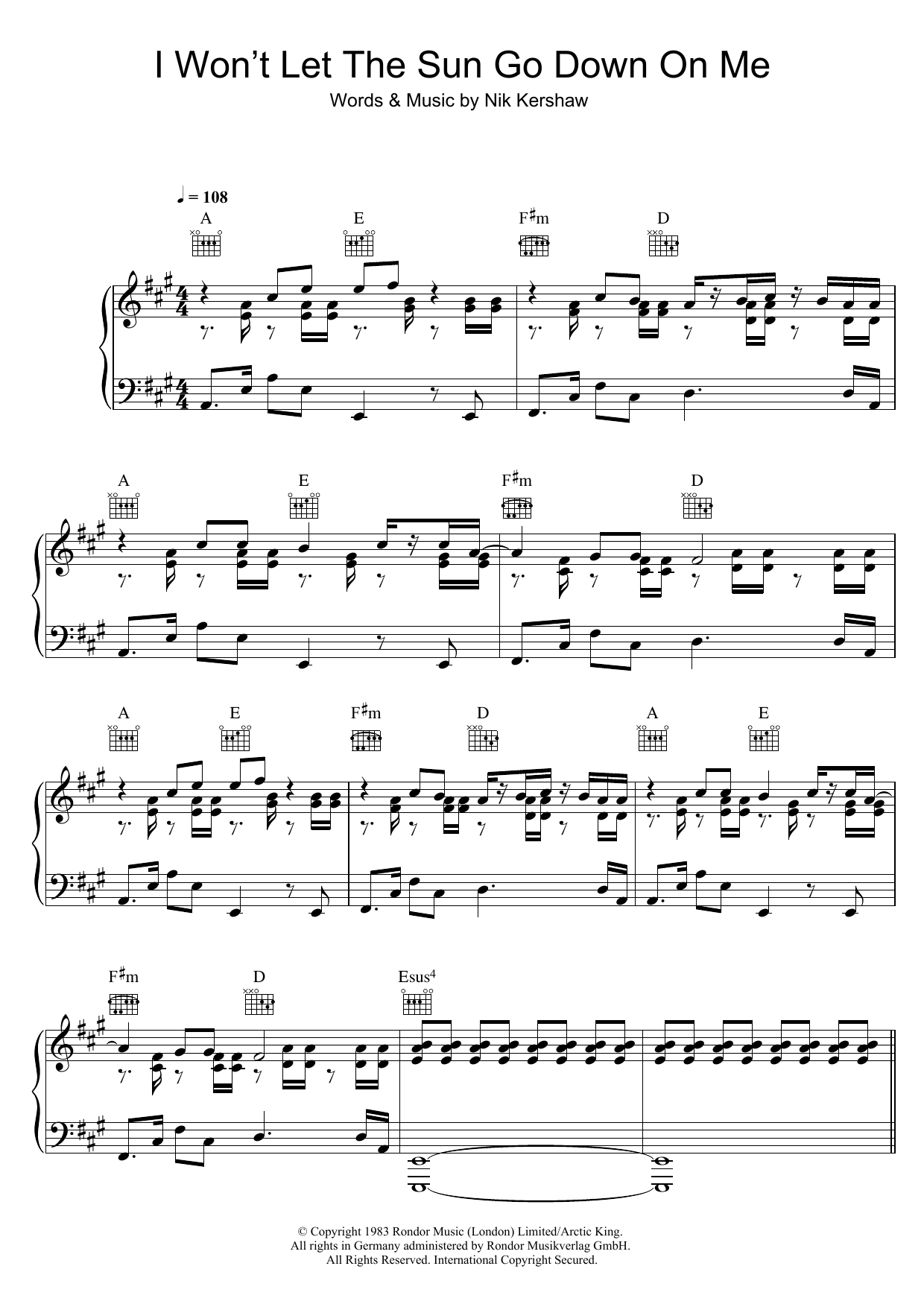 Nik Kershaw I Won't Let The Sun Go Down On Me Sheet Music Notes & Chords for Piano, Vocal & Guitar - Download or Print PDF