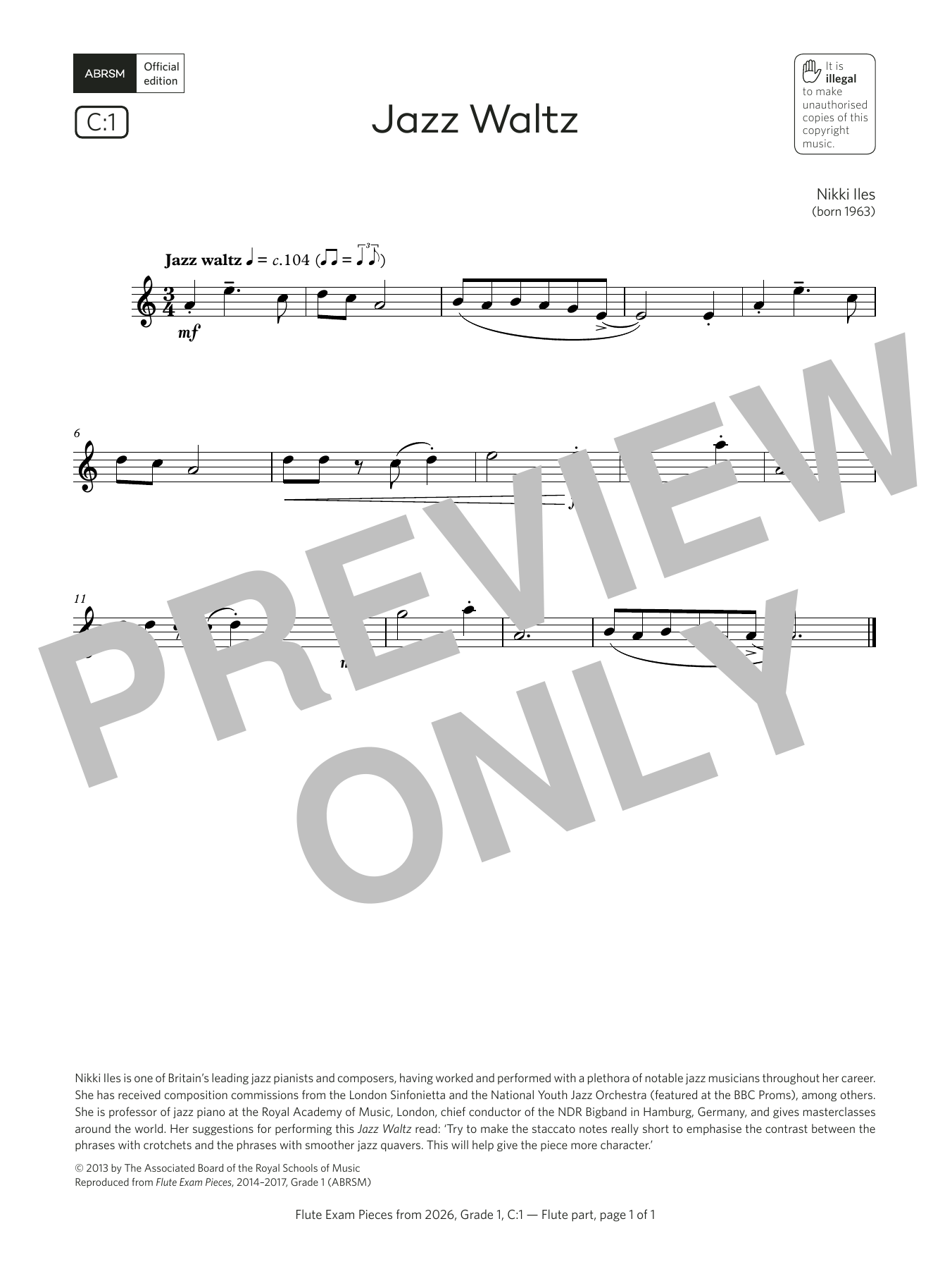 Nikki Iles Jazz Waltz (Grade 1, list C1, from the ABRSM Flute Syllabus from 2026) Sheet Music Notes & Chords for Flute Solo - Download or Print PDF Nikki Iles Jazz Waltz (Grade 1, list C1, from the ABRSM Flute Syllabus from 2026) Sheet Music Notes & Chords for Flute Solo - Download or Print PDF