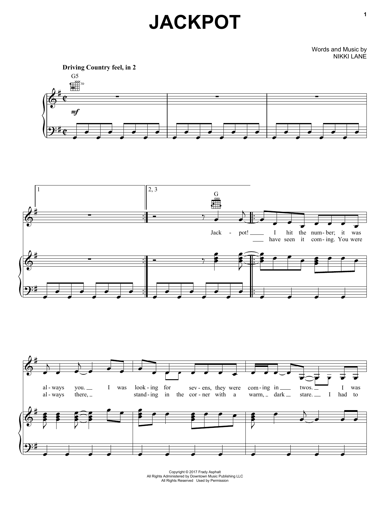 Nikki Lane Jackpot Sheet Music Notes & Chords for Piano, Vocal & Guitar (Right-Hand Melody) - Download or Print PDF