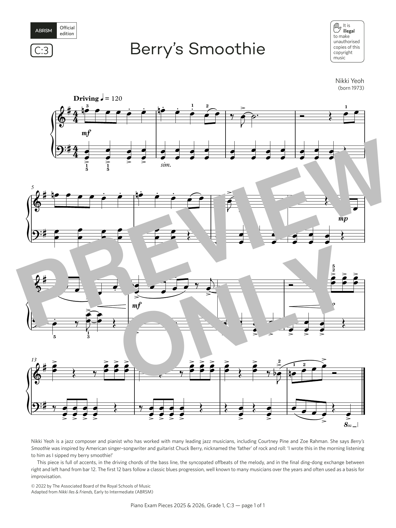 Nikki Yeoh Berry's Smoothie (Grade 1, list C3, from the ABRSM Piano Syllabus 2025 & 2026) Sheet Music Notes & Chords for Piano Solo - Download or Print PDF